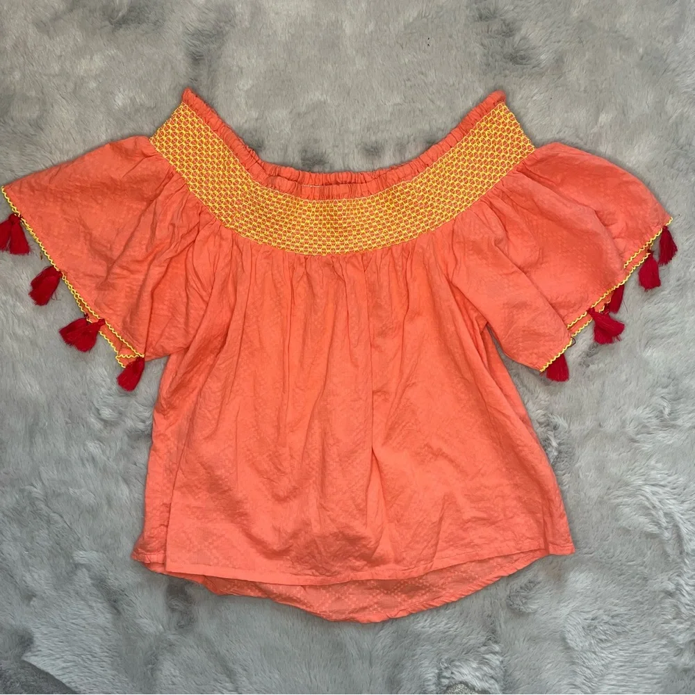 Banjanan Off the Shoulder Tassel Top Coral Pink Small - Picture 1 of 8